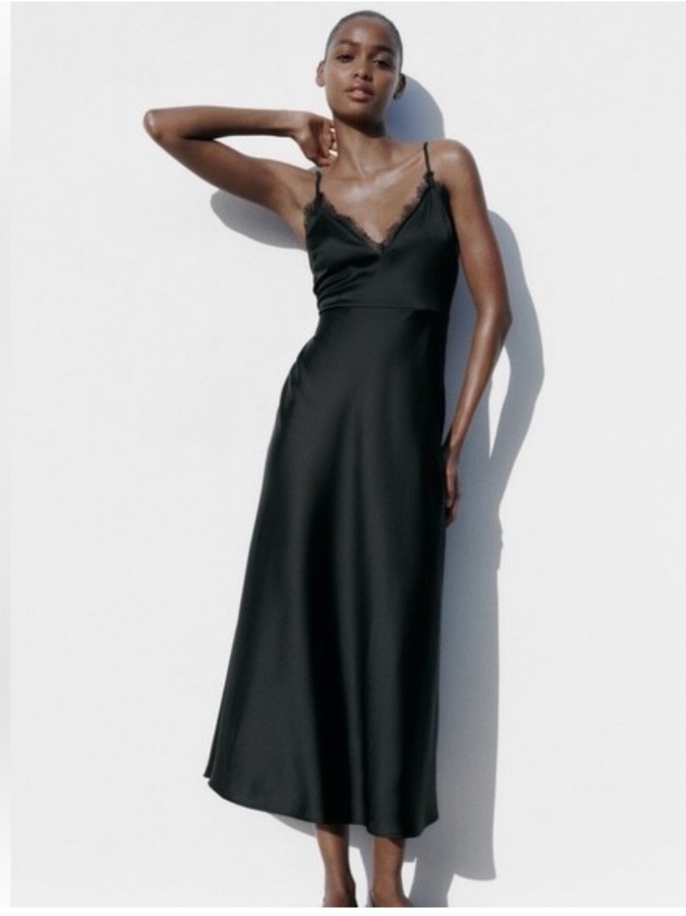 Zara satin and lace slip midi dress black Sz M